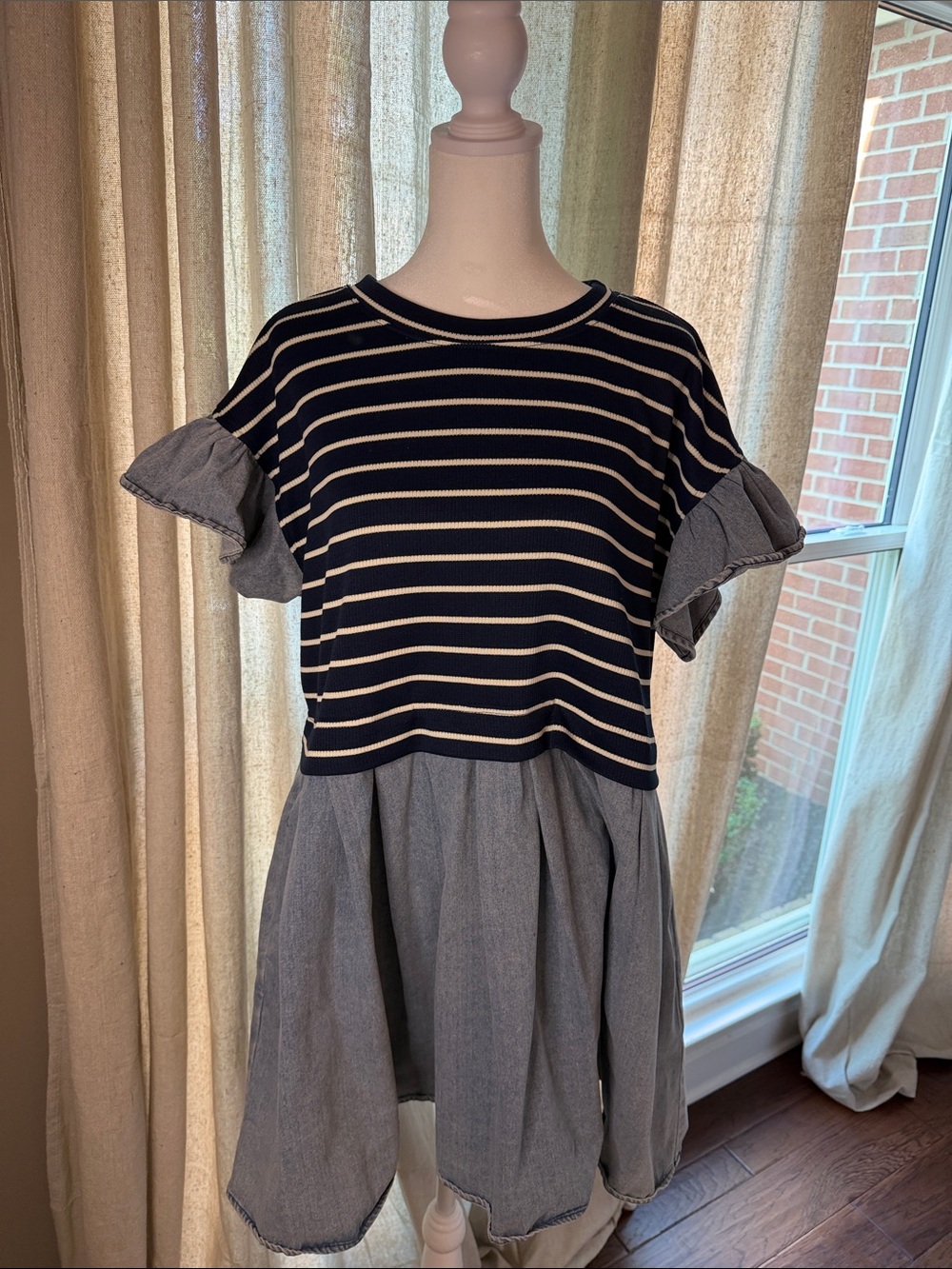 entro Navy and White Striped Flutter Sleeve Mini Dress with Chambray Skirt